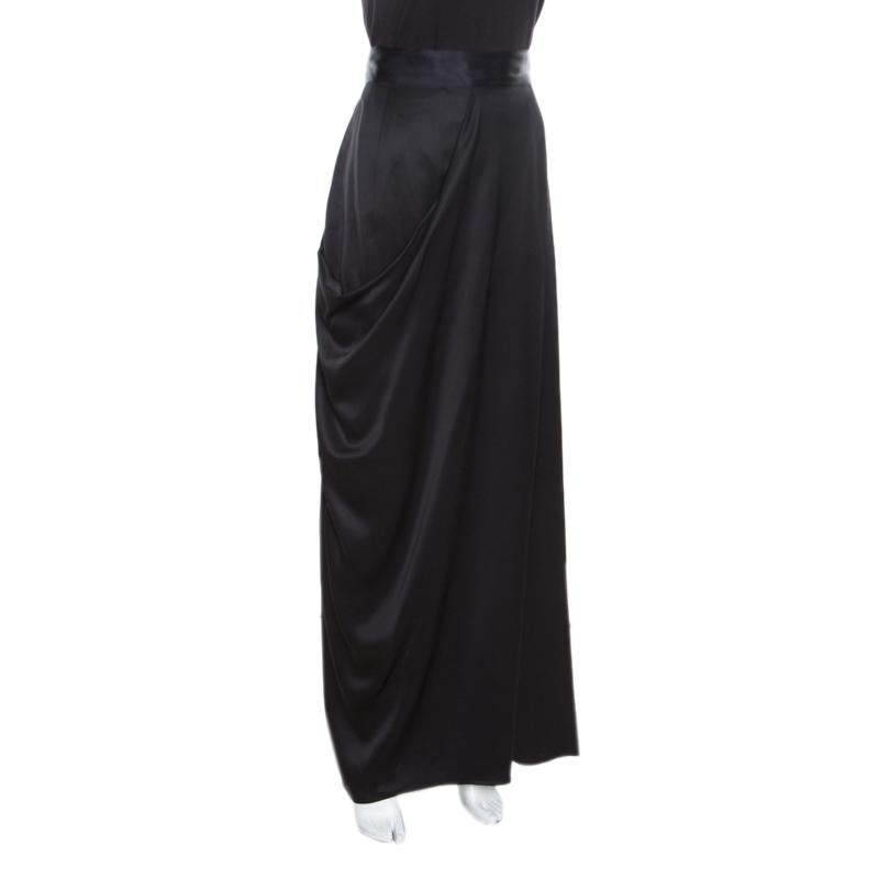 Chanel Black Silk Satin Draped Maxi Skirt M In Good Condition In Dubai, Al Qouz 2