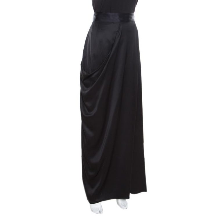 Chanel Black Silk Satin Draped Maxi Skirt M For Sale at 1stDibs