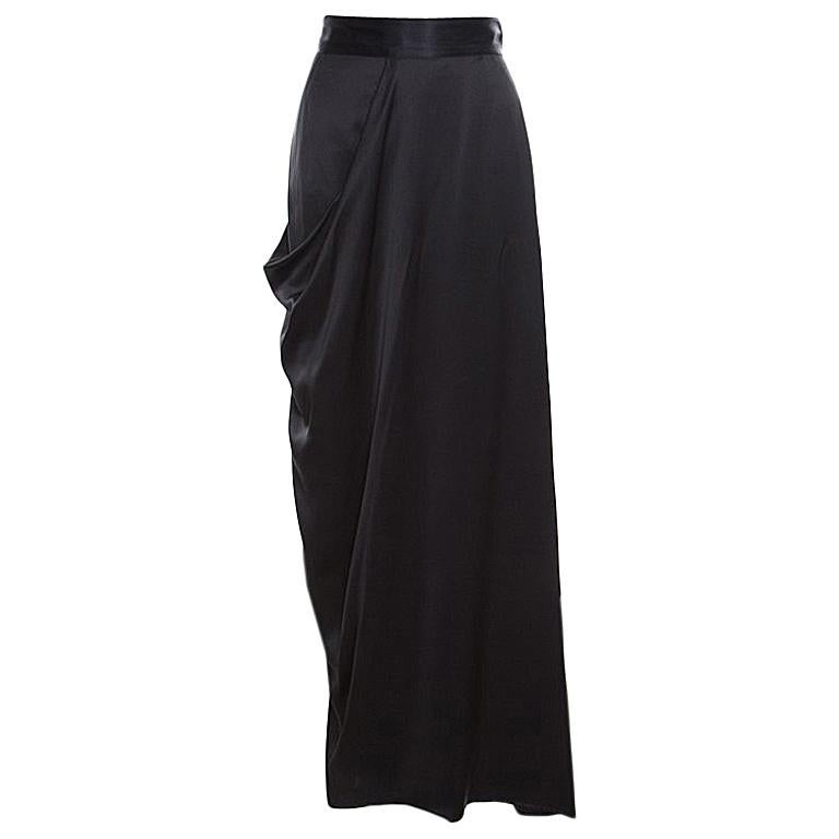Chanel Black Silk Satin Draped Maxi Skirt M For Sale at 1stDibs