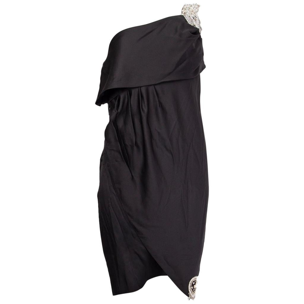 CHANEL black silk SATIN EMBELLISHED ONE SHOULDER Cocktail Dress 38 For Sale