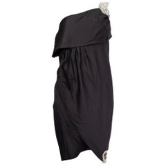 CHANEL black silk SATIN EMBELLISHED ONE SHOULDER Cocktail Dress 38