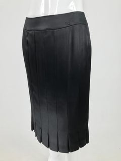 Chanel Black Silk Satin Pleated Hem Fitted Skirt 05 Unworn With Tags