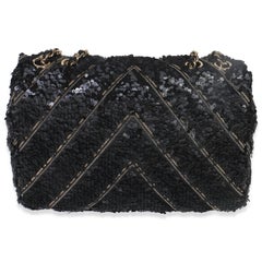 Chanel Black Silk Sequin Chain Chevron Mini Single Flap Bag