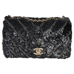 Chanel Black Silk Sequin Chain Chevron Mini Single Flap Bag