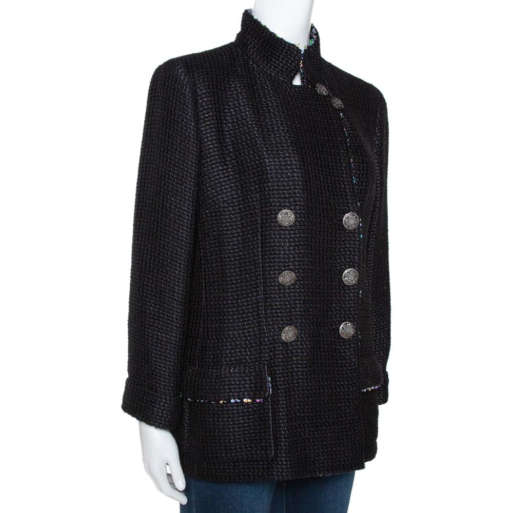 Women's Chanel Black Silk Sequin Embellished Double Breasted Jacket L