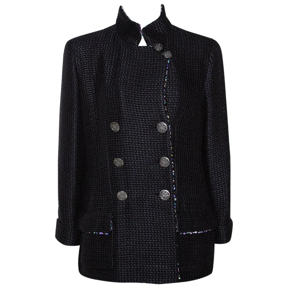 Chanel Black Silk Sequin Embellished Double Breasted Jacket L