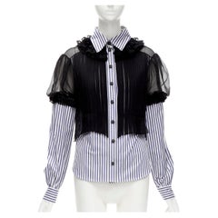 CHANEL black silk sheer blue pleated cotton stripe layered blouse shirt FR38 M