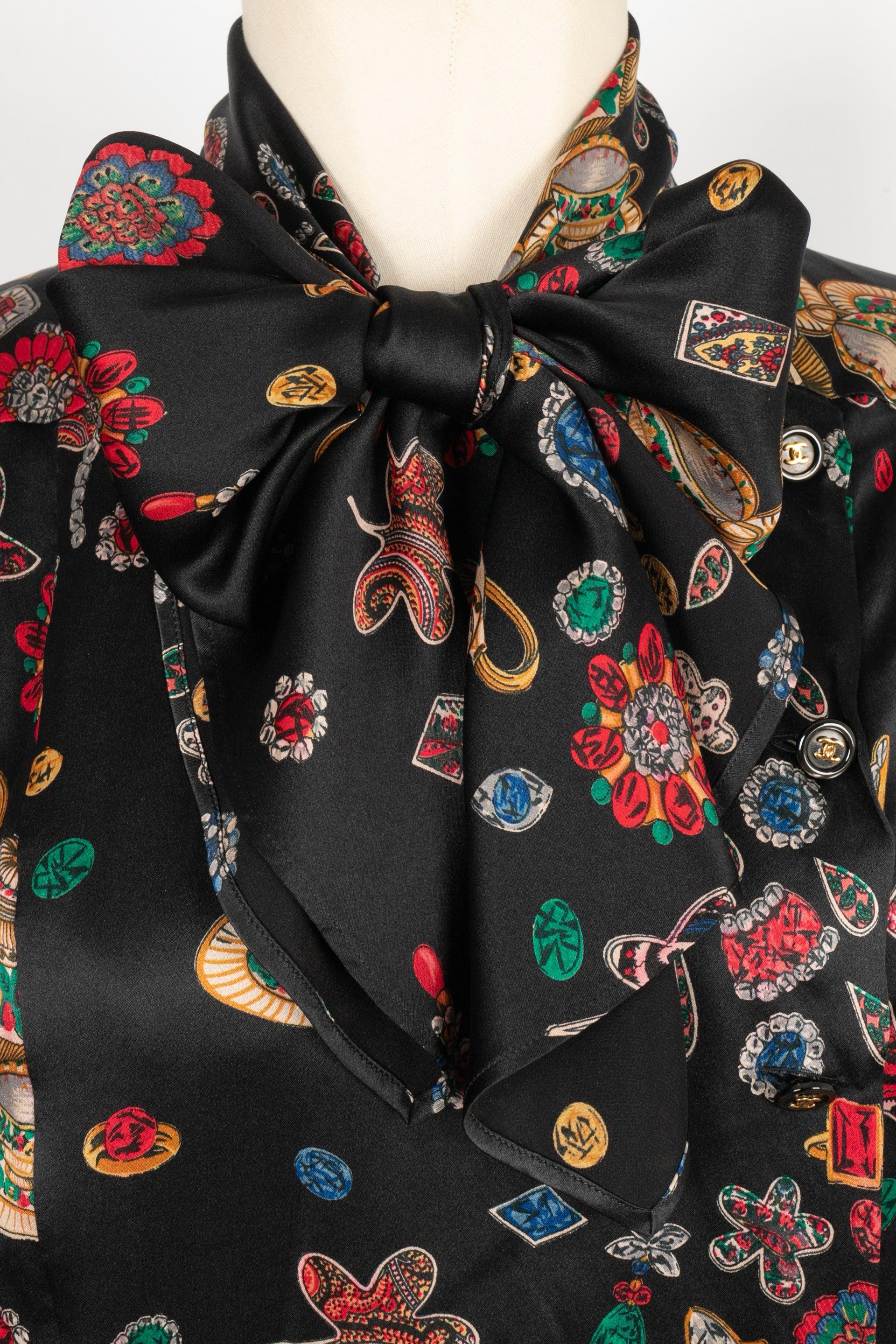 Chanel Black Silk Shirt / Top With Printed with Jewels, 1990s For Sale 2