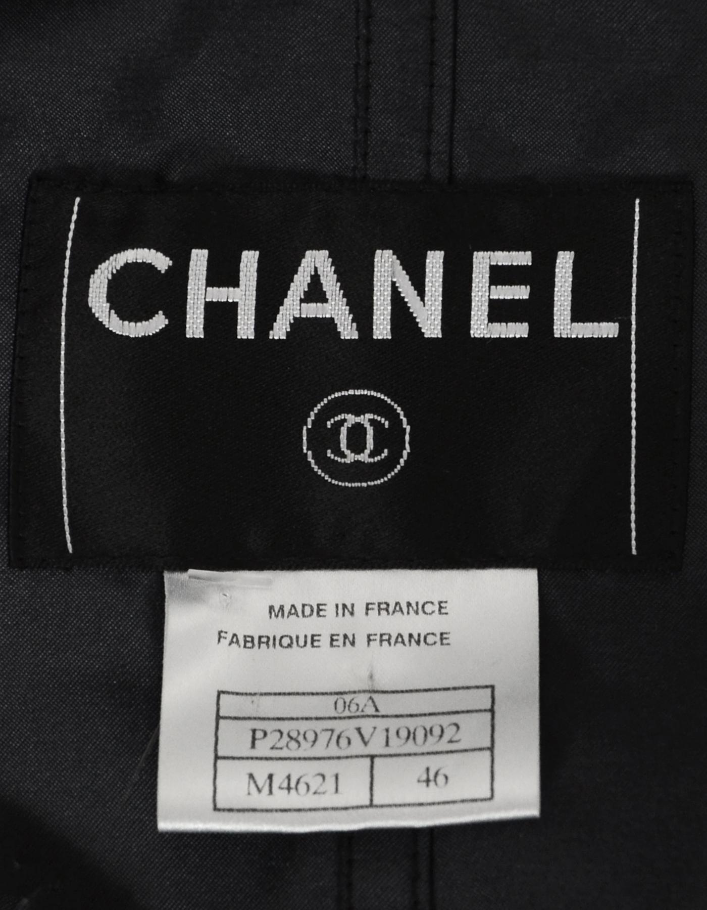 Women's Chanel Black Silk Trench Coat w/ CC Cityscape Design sz 46