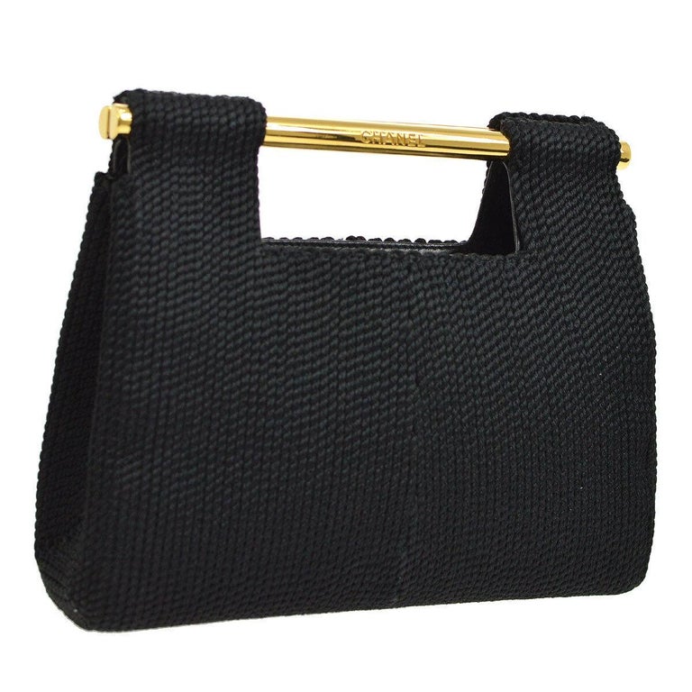 Chanel Black Silk Woven Braided Gold Bar Top Handle Satchel Clutch Bag