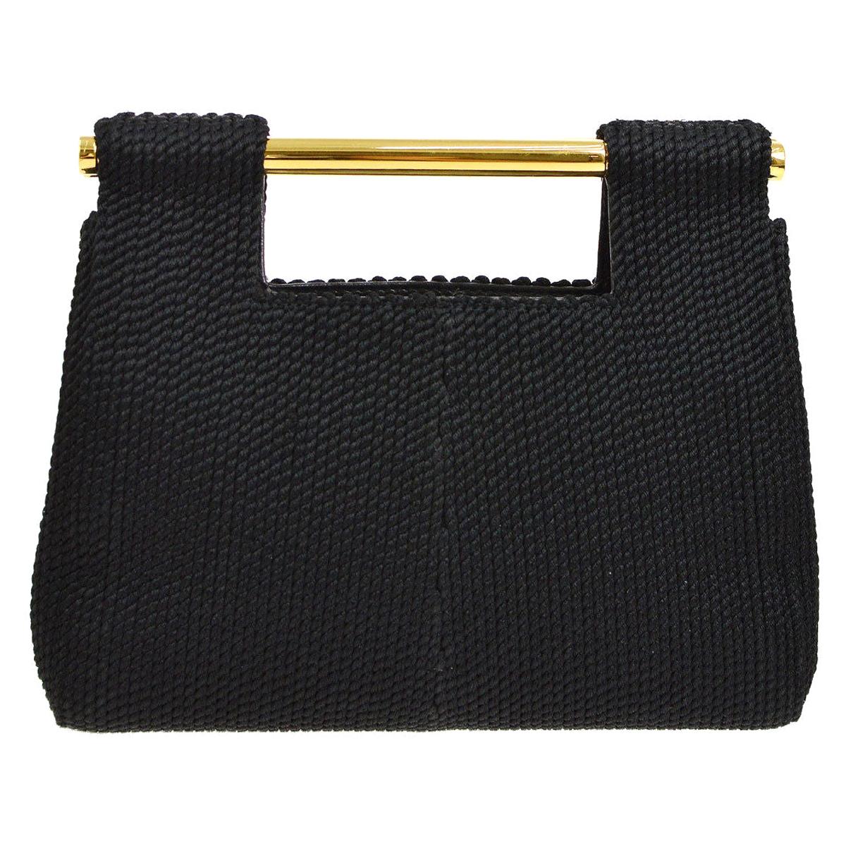 Chanel Black Silk Woven Braided Gold Bar Top Handle Satchel Clutch Bag in Box