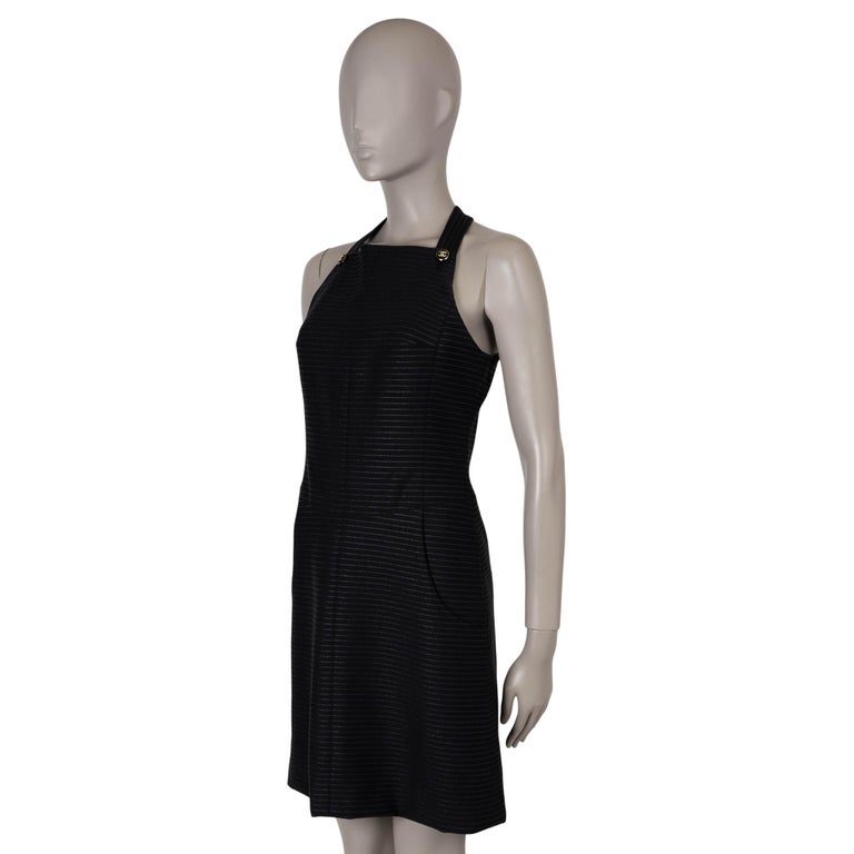 CHANEL black and silver 23P LUREX STRIPED FLARED Dress 36 XS For