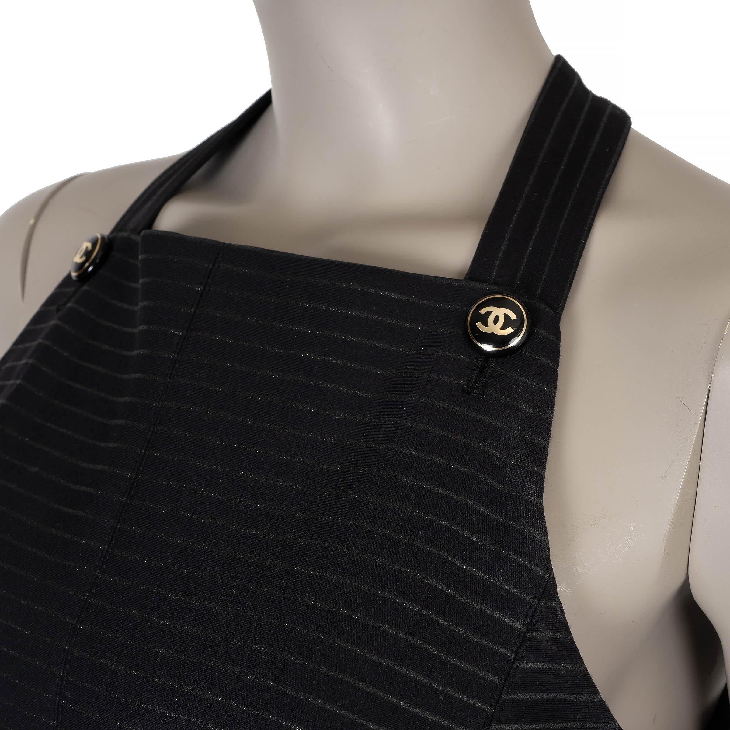 CHANEL black & silver 23P LUREX STRIPED FLARED Dress 36 XS For Sale 1