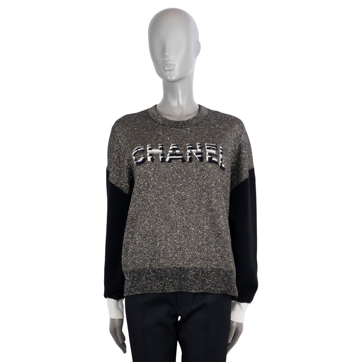 Women's CHANEL black & silver cashmere 2020 20C LA PAUSA LOGO LUREX Sweater 48 XXL