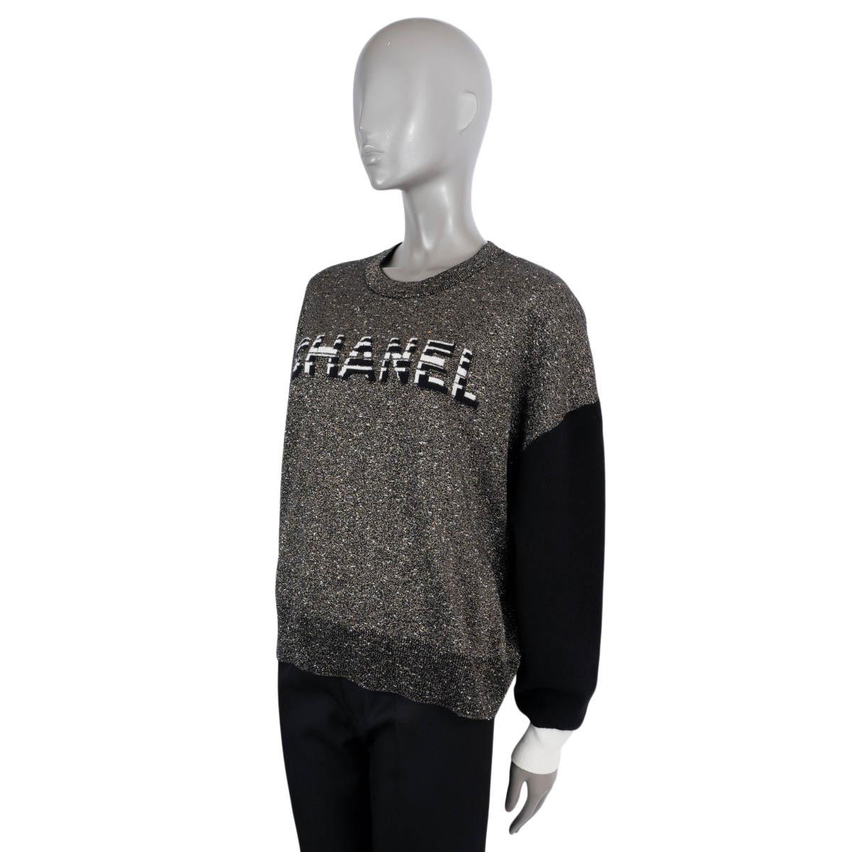 CHANEL black & silver cashmere 2020 20C LA PAUSA LOGO LUREX Sweater 48 XXL 1