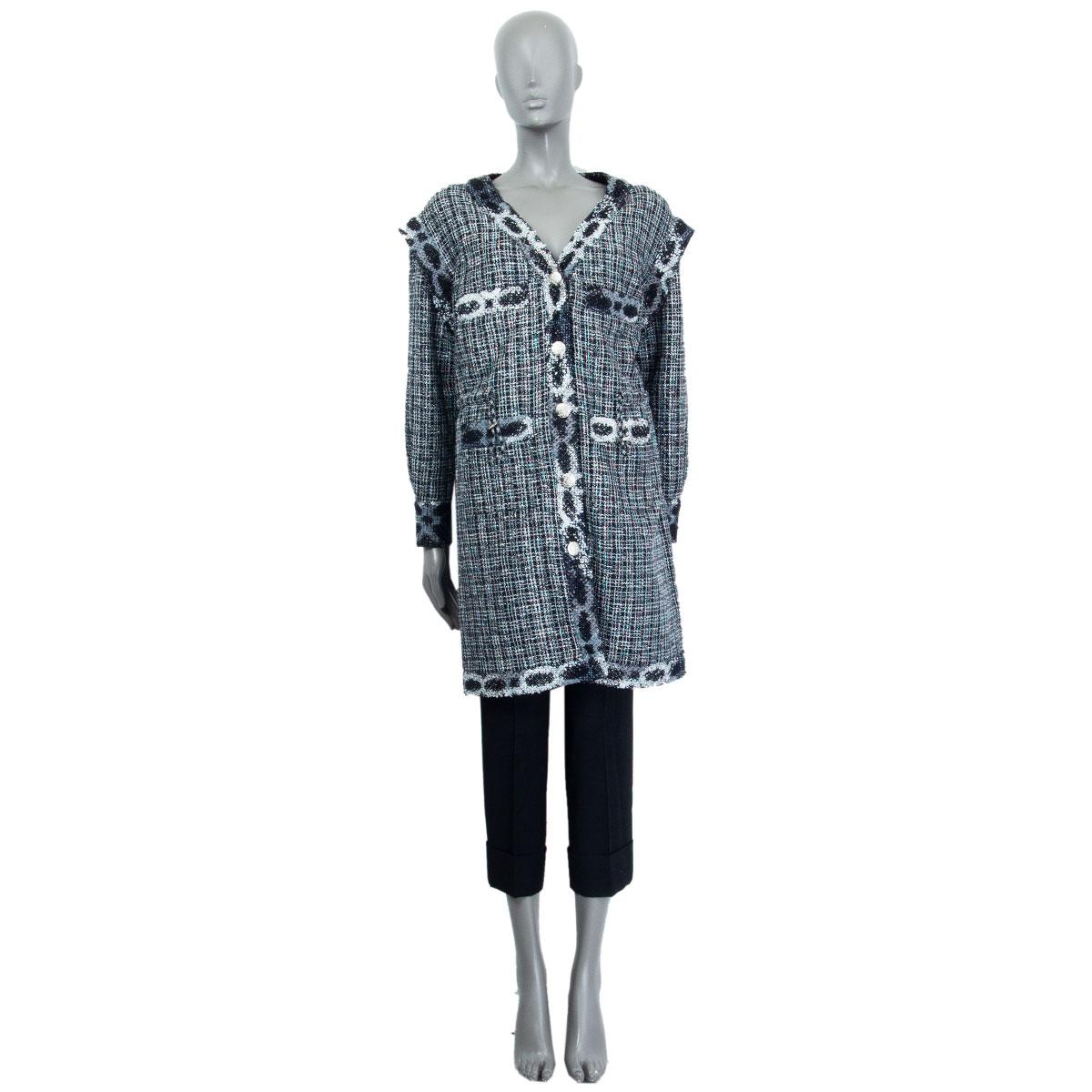 Women's CHANEL black & silver cotton blend V-NECK TWEED Coat Jacket 38 S For Sale