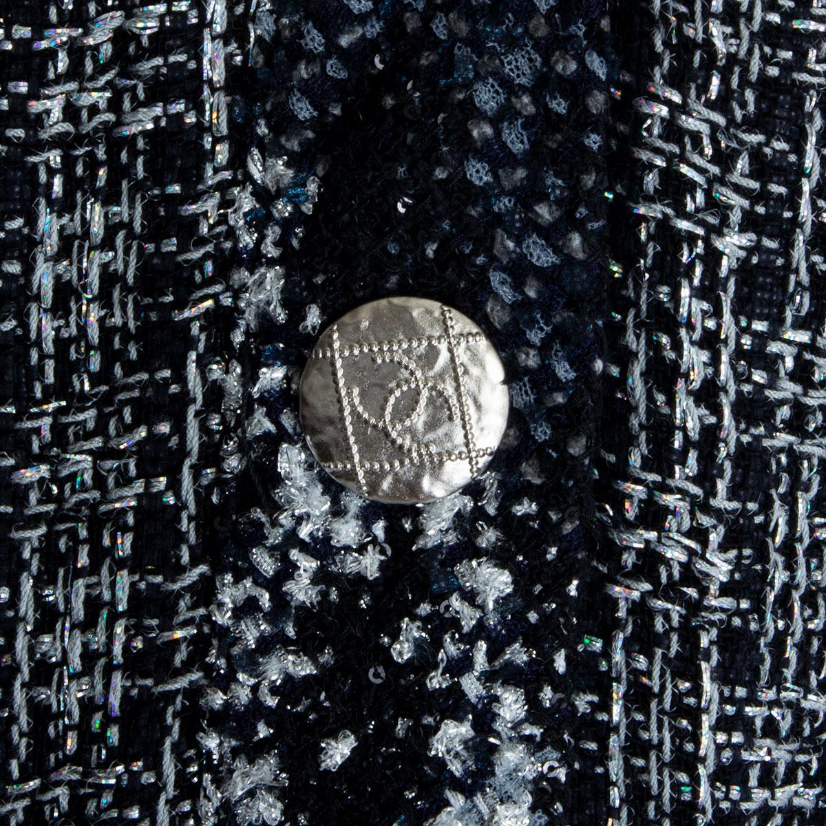 CHANEL black & silver cotton blend V-NECK TWEED Coat Jacket 38 S For Sale 1