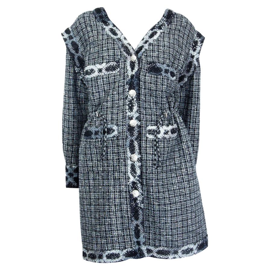 CHANEL schwarz & silber Baumwollmischung V-NECK TWEED Mantel Jacke 38 S