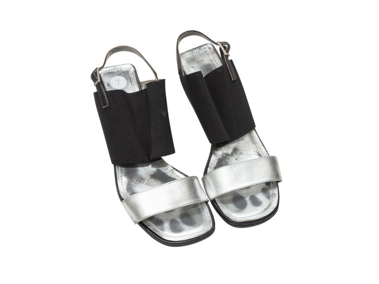 Chanel Black & Silver Elastic & Leather Sandals In Good Condition In New York, NY
