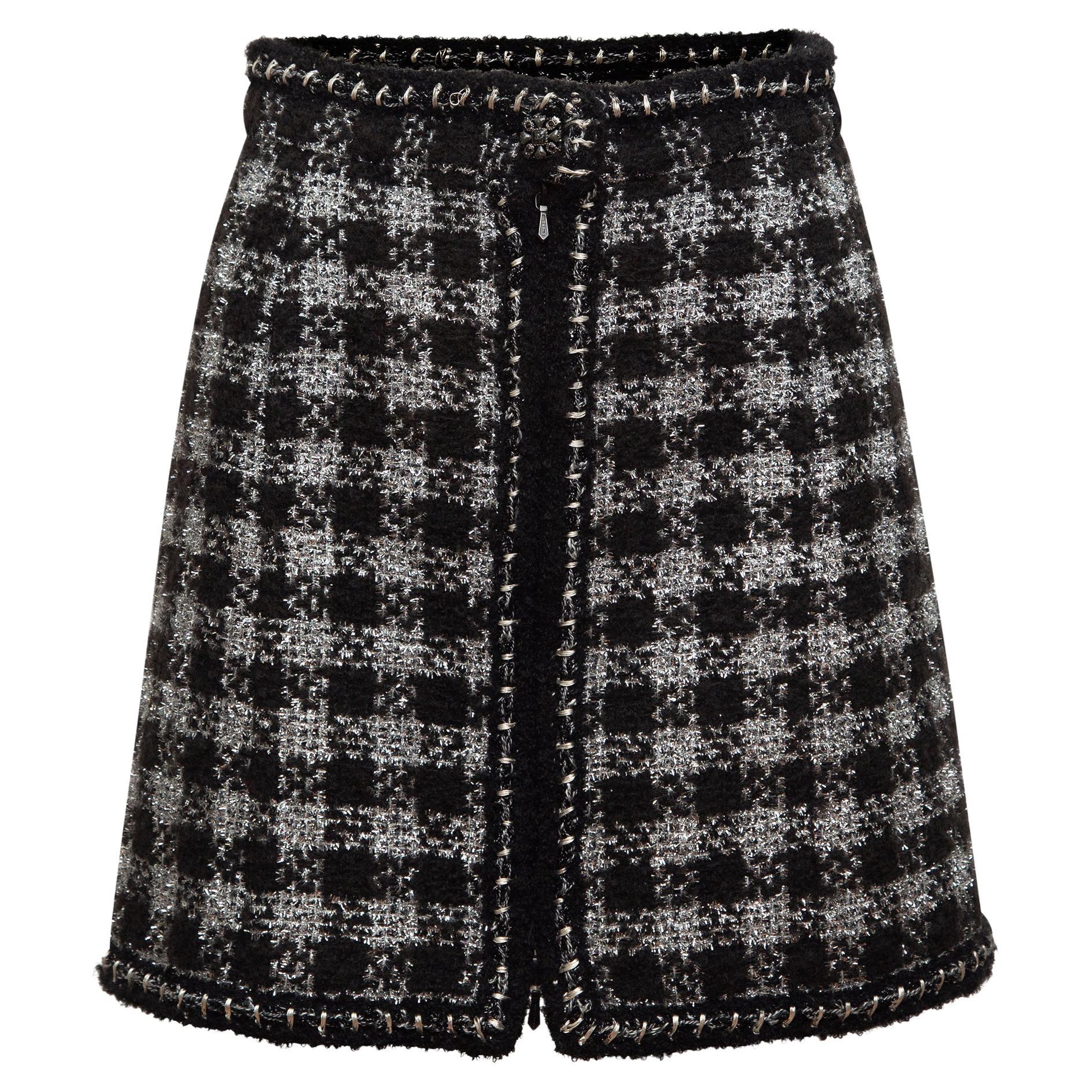 Chanel Black & Silver Gingham Tweed Skirt