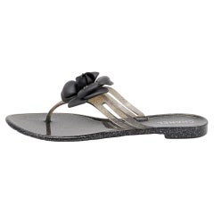 Chanel Black/Silver Glitter Jelly CC Camellia Thong Flats Size 40