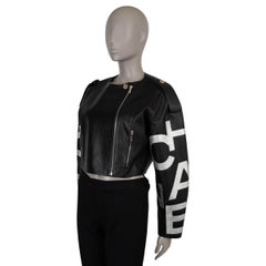 CHANEL black & silver leather 21S LOGO SLEEVE BIKER Jacket 38 S