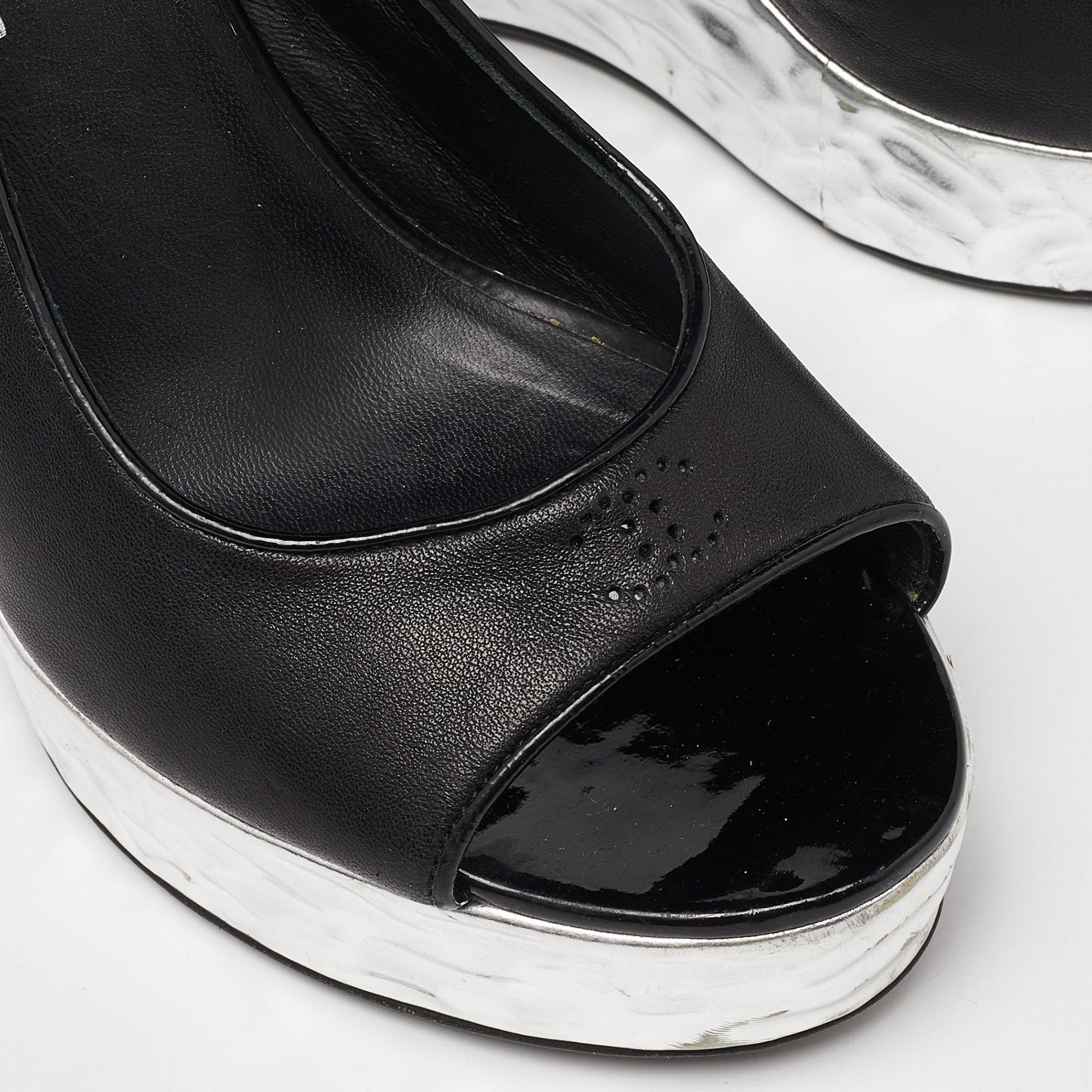 Chanel Black/Silver Leather Ankle Strap Platform Wedge Sandals Size 36 2
