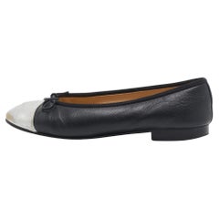 Chanel Black/Silver Leather CC Cap Toe Ballet Flats Size 36