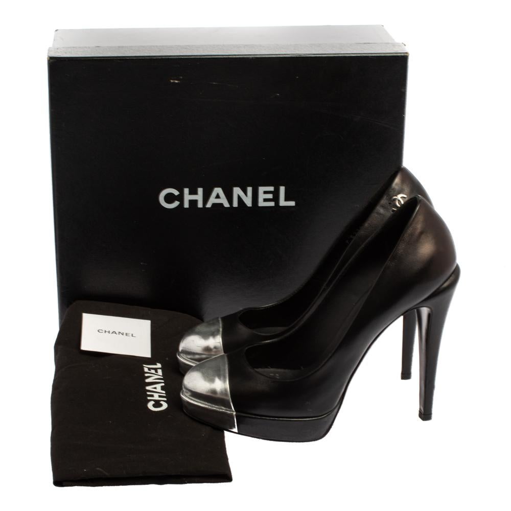 Chanel Black/Silver Leather CC Cap Toe Platform Pumps Size 38.5 4