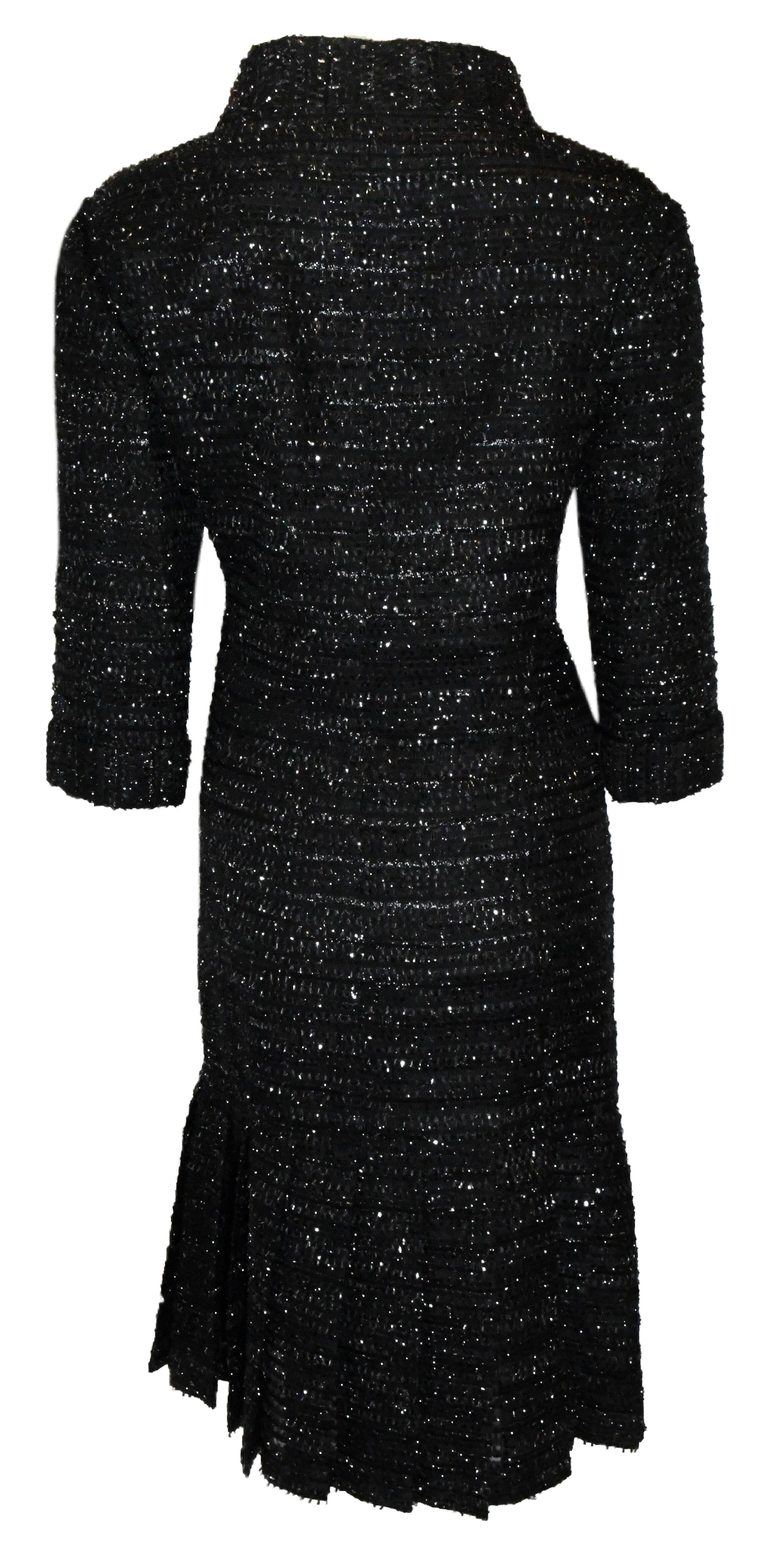 Chanel Black  & Silver Lurex Thread Dress With 3/4 Sleeves Pleated at Hem In Excellent Condition For Sale In Palm Beach, FL