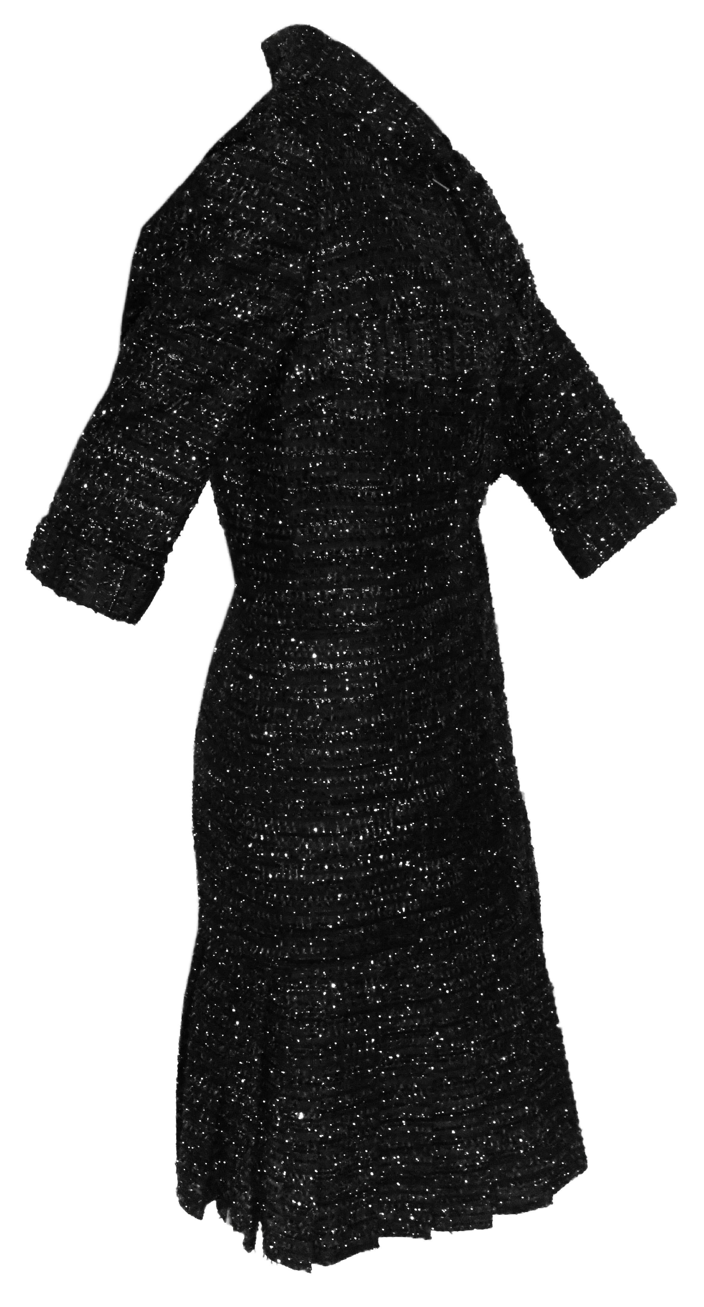 Women's Chanel Black  & Silver Lurex Thread Dress With 3/4 Sleeves Pleated at Hem For Sale