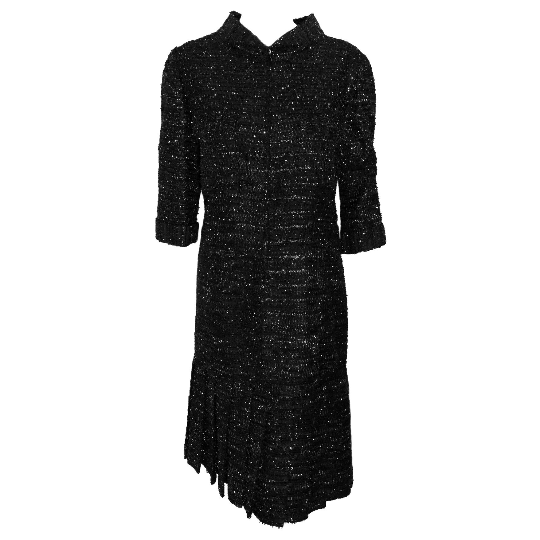 Chanel Black  & Silver Lurex Thread Dress With 3/4 Sleeves Pleated at Hem For Sale