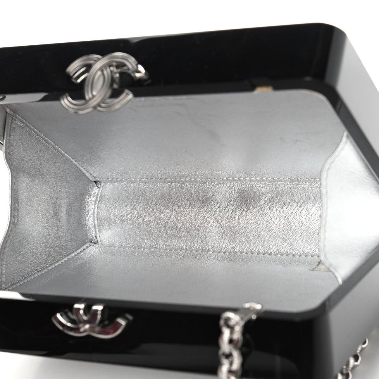 CHANEL Black Silver Plexiglass Robot Crystal Glitter Pearl Shoulder Clutch Bag In Good Condition In Chicago, IL