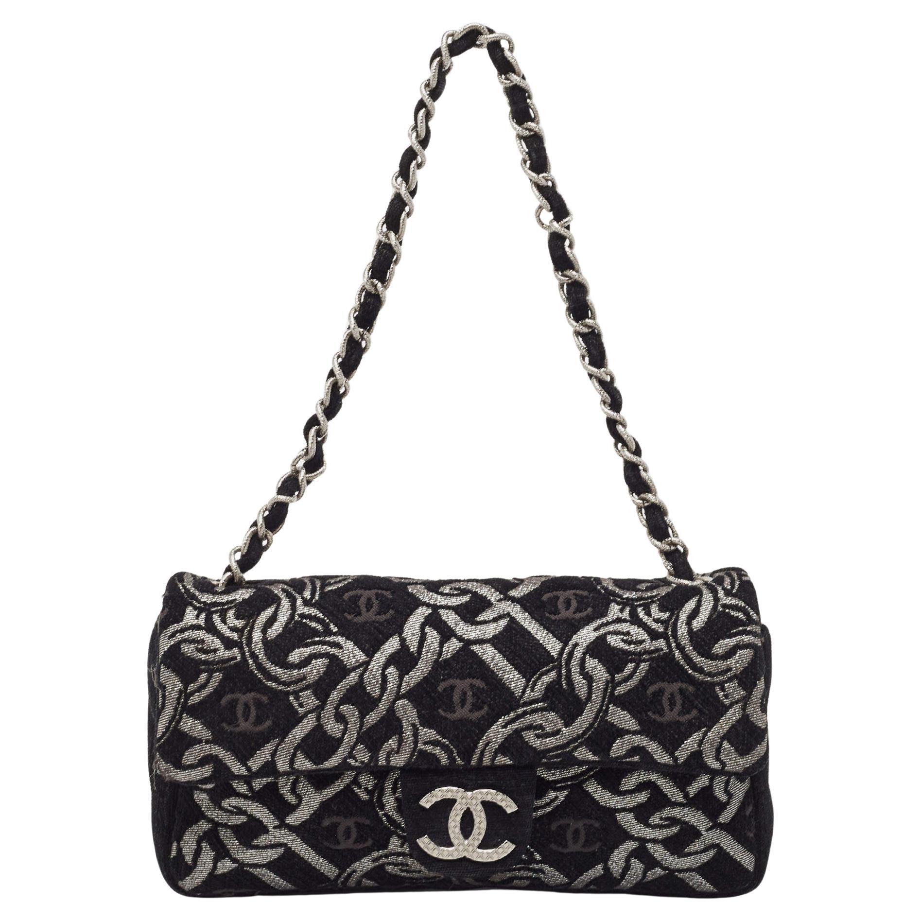 Chanel Black/Silver Printed Tweed CC Chainlink Flap Bag For Sale