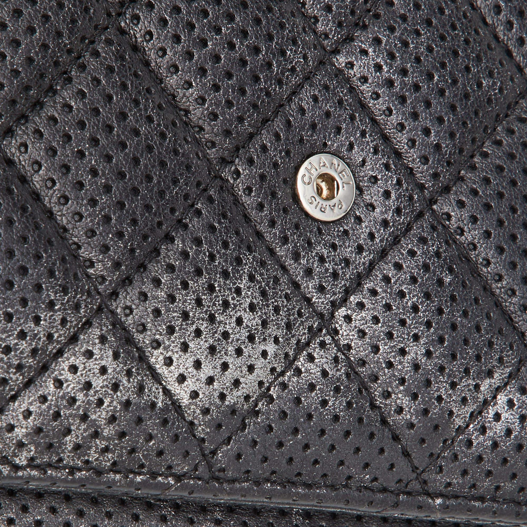 Chanel Black/Silver Quilted Perforated Leather Classic Wallet on Chain 6