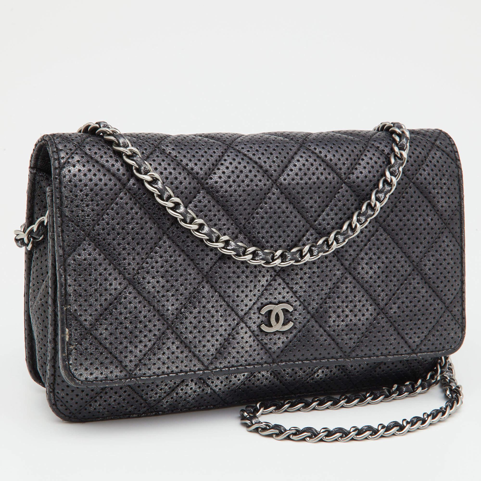 Women's Chanel Black/Silver Quilted Perforated Leather Classic Wallet on Chain