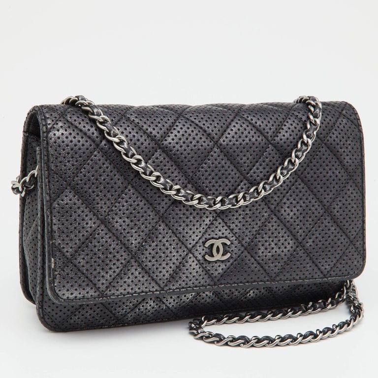 Chanel Black/Silver Quilted Perforated Leather Classic Wallet on Chain For  Sale at 1stDibs
