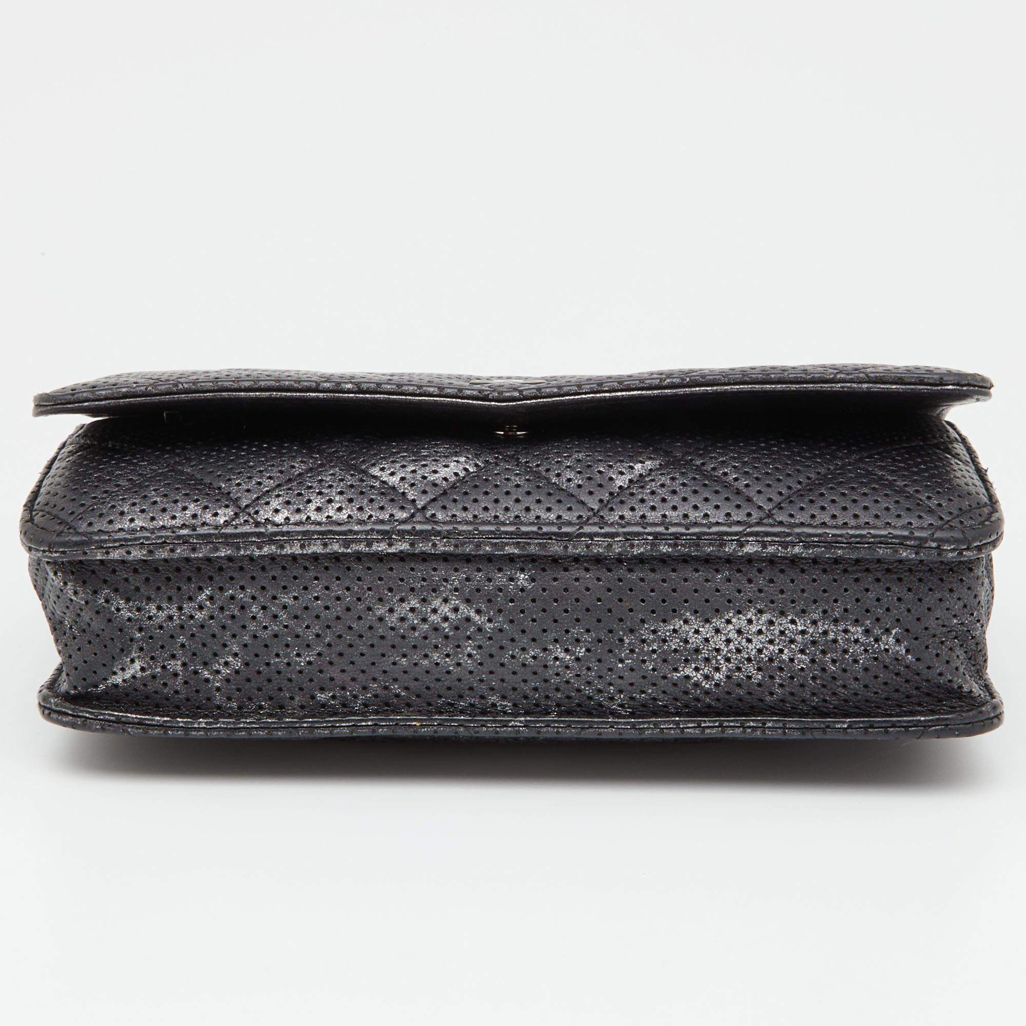 Chanel Black/Silver Quilted Perforated Leather Classic Wallet on Chain 1