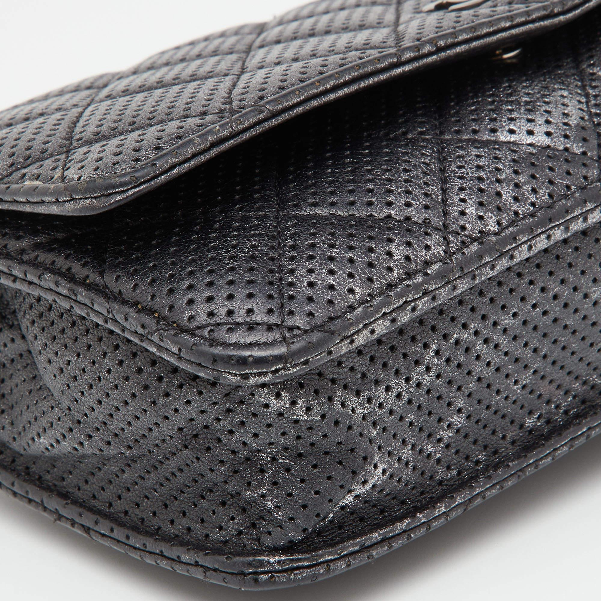 Chanel Black/Silver Quilted Perforated Leather Classic Wallet on Chain 2