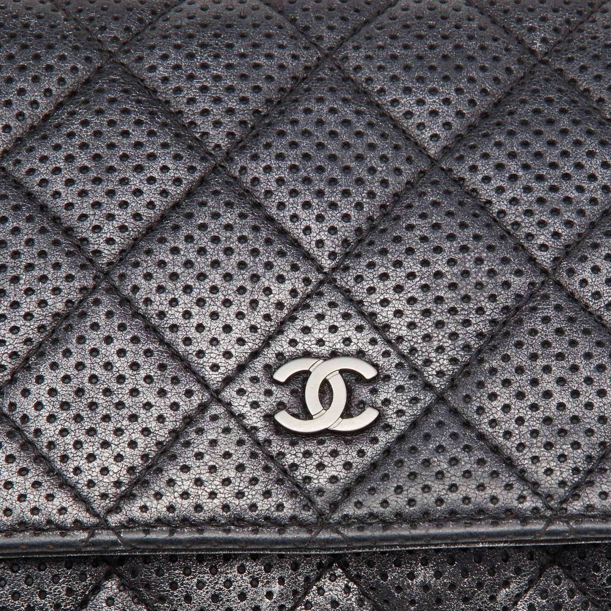 Chanel Black/Silver Quilted Perforated Leather Classic Wallet on Chain 3