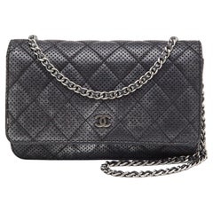 Chanel Black/Silver Quilted Perforated Leather Classic Wallet on Chain