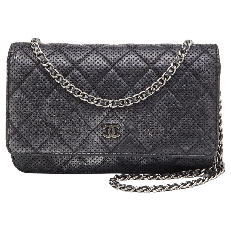 Chanel Black/Silver Quilted Perforated Leather Classic Wallet on
