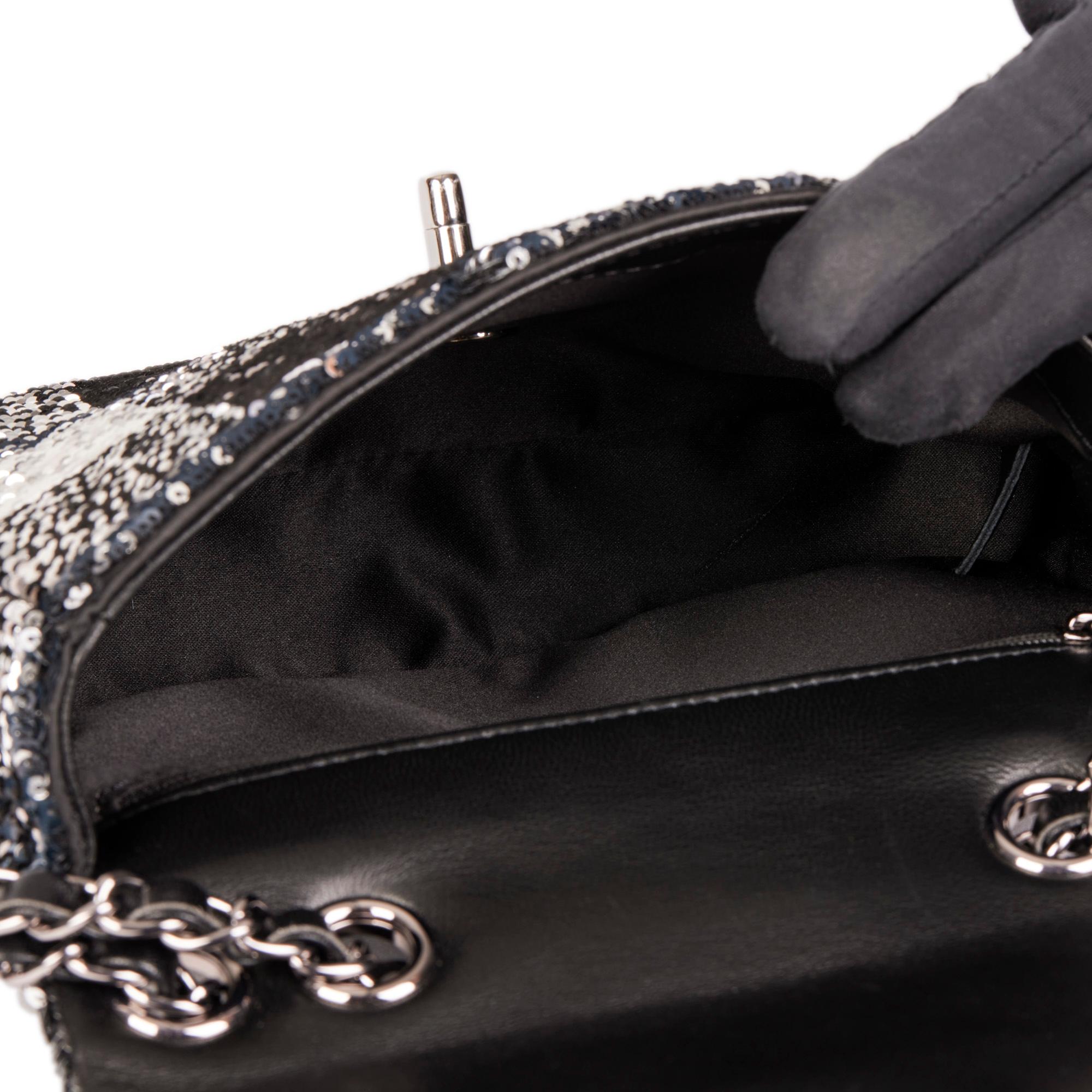 CHANEL Black & Silver Sequin Rectangular Mini Flap Bag 8