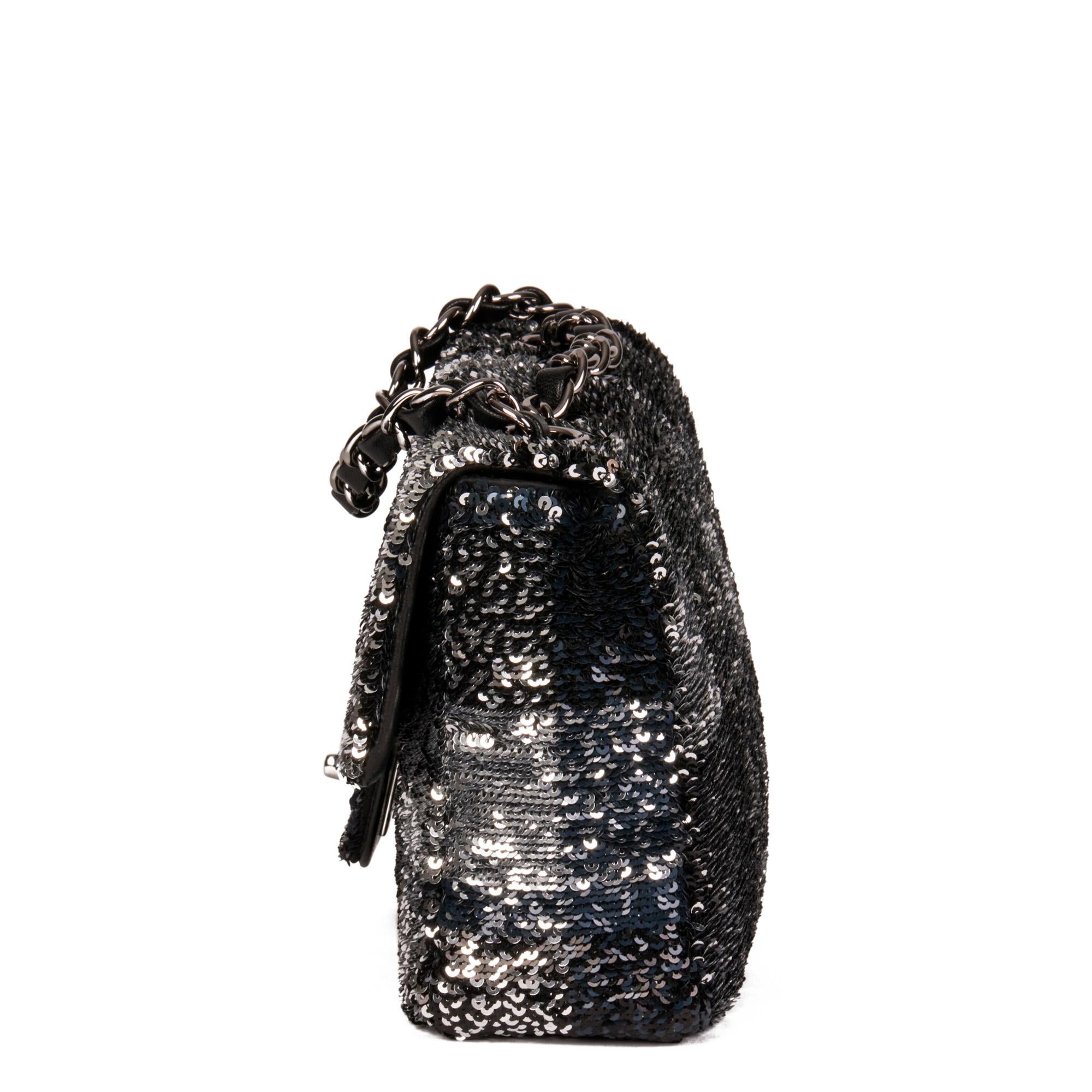 CHANEL Black & Silver Sequin Rectangular Mini Flap Bag In Excellent Condition In Bishop's Stortford, Hertfordshire