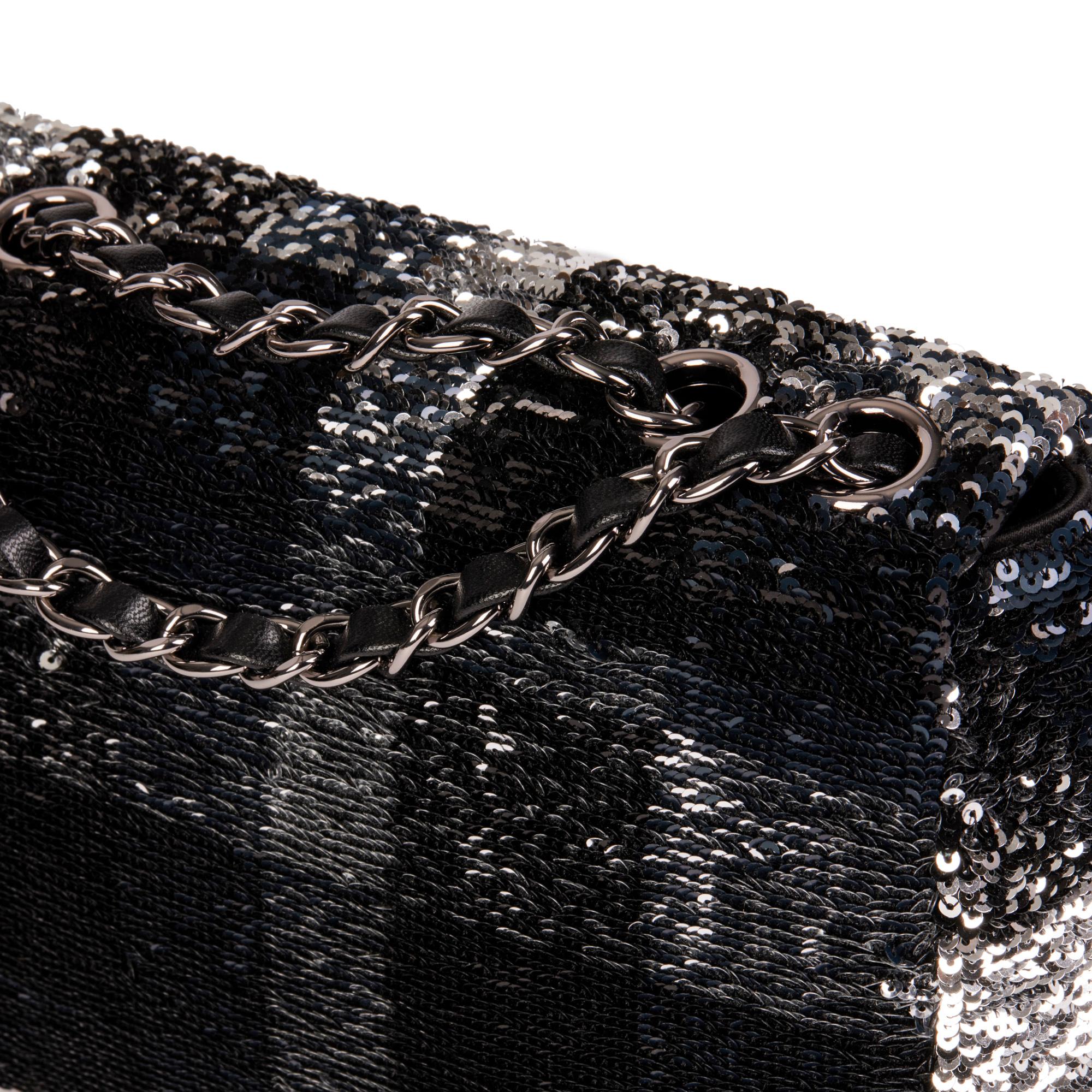 CHANEL Black & Silver Sequin Rectangular Mini Flap Bag 4