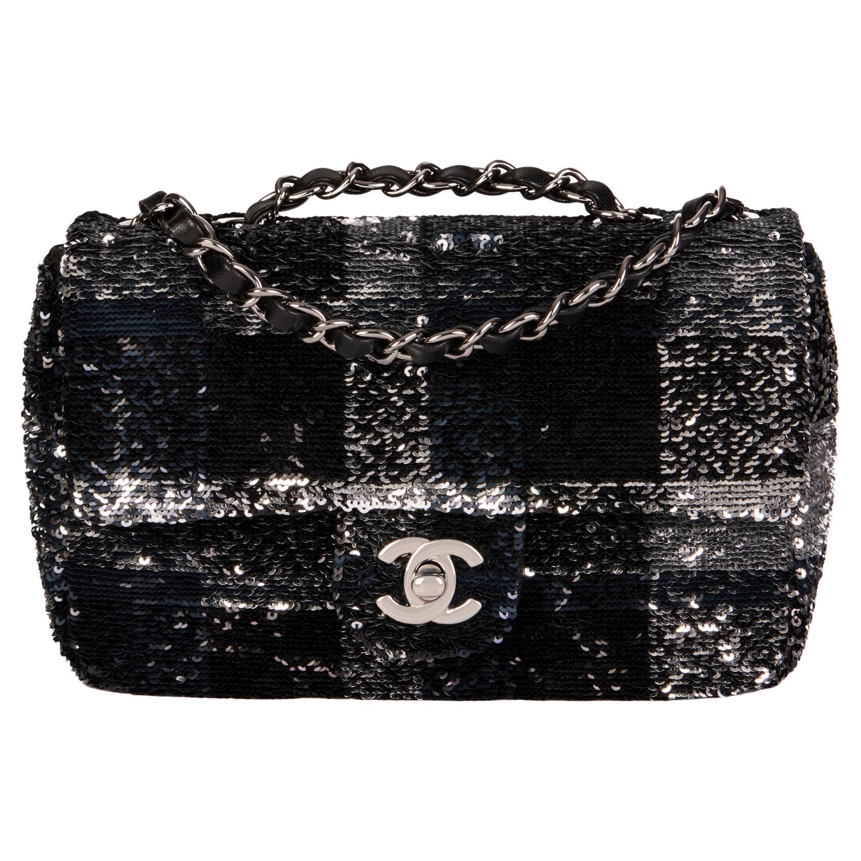 CHANEL Black & Silver Sequin Rectangular Mini Flap Bag