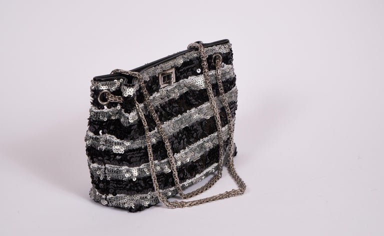 Chanel striped black and silver reissue sequins shoulder bag. Shoulder drop 10