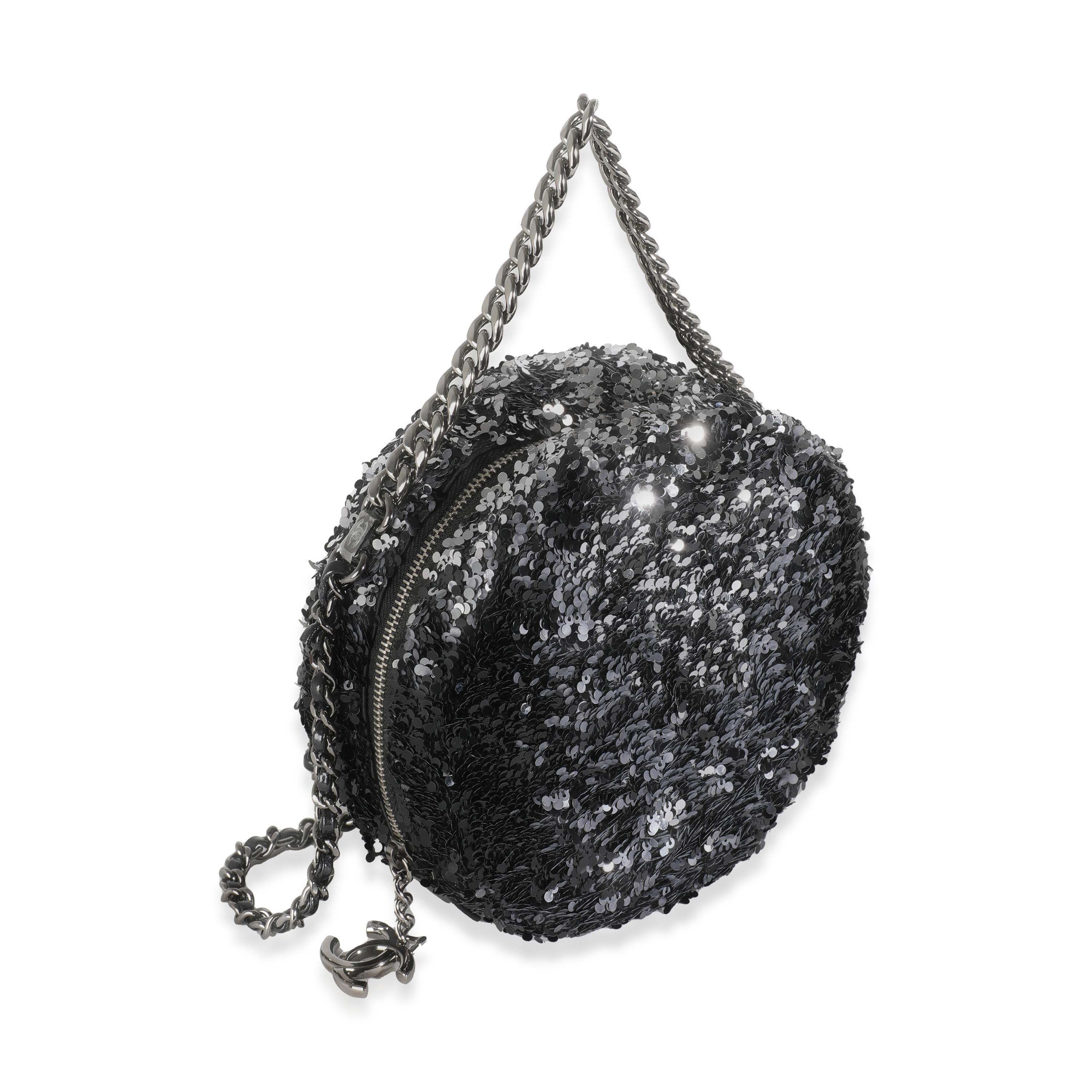 Chanel Black Silver Sequin Round Chain Bag In Excellent Condition For Sale In New York, NY