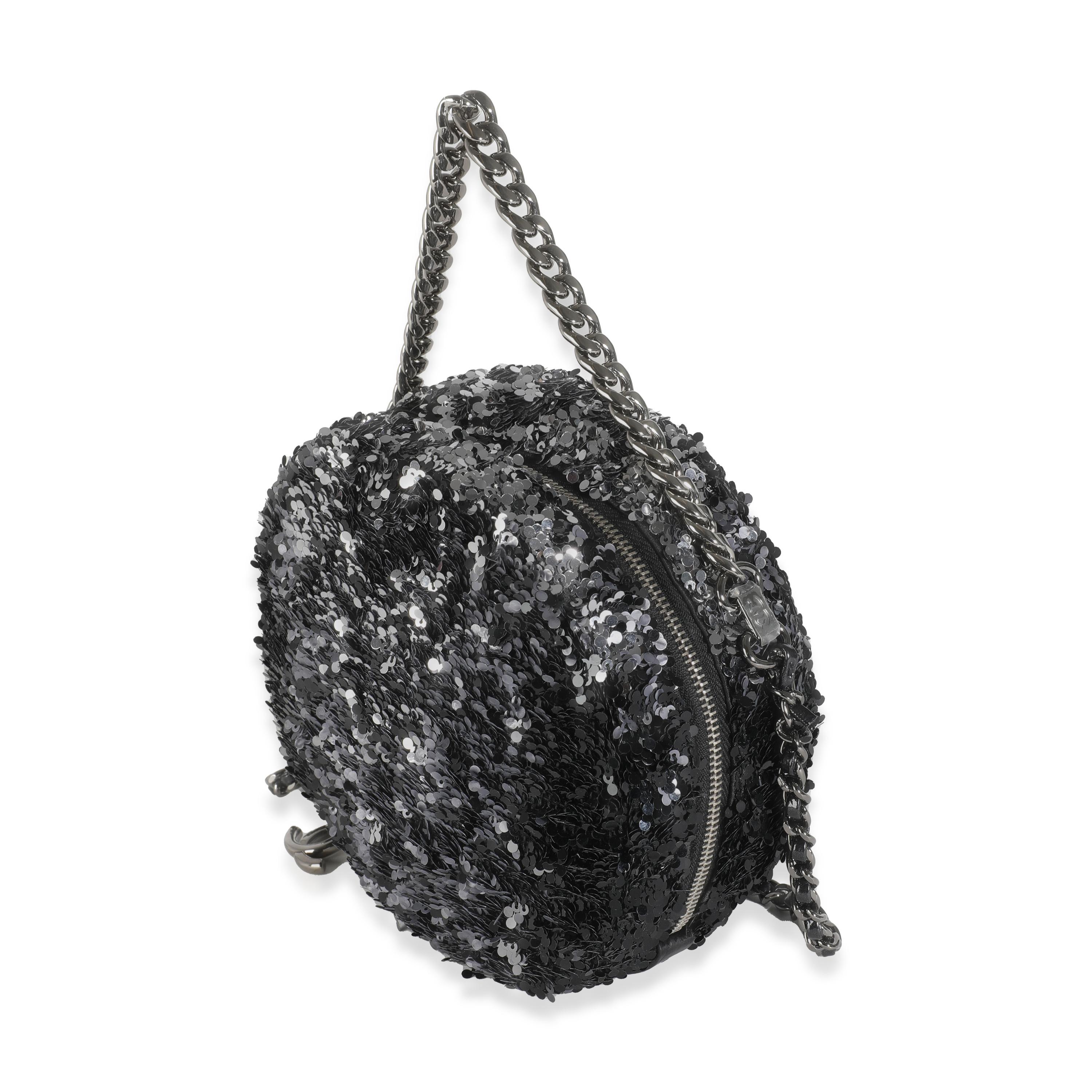 Women's or Men's Chanel Black Silver Sequin Round Chain Bag For Sale