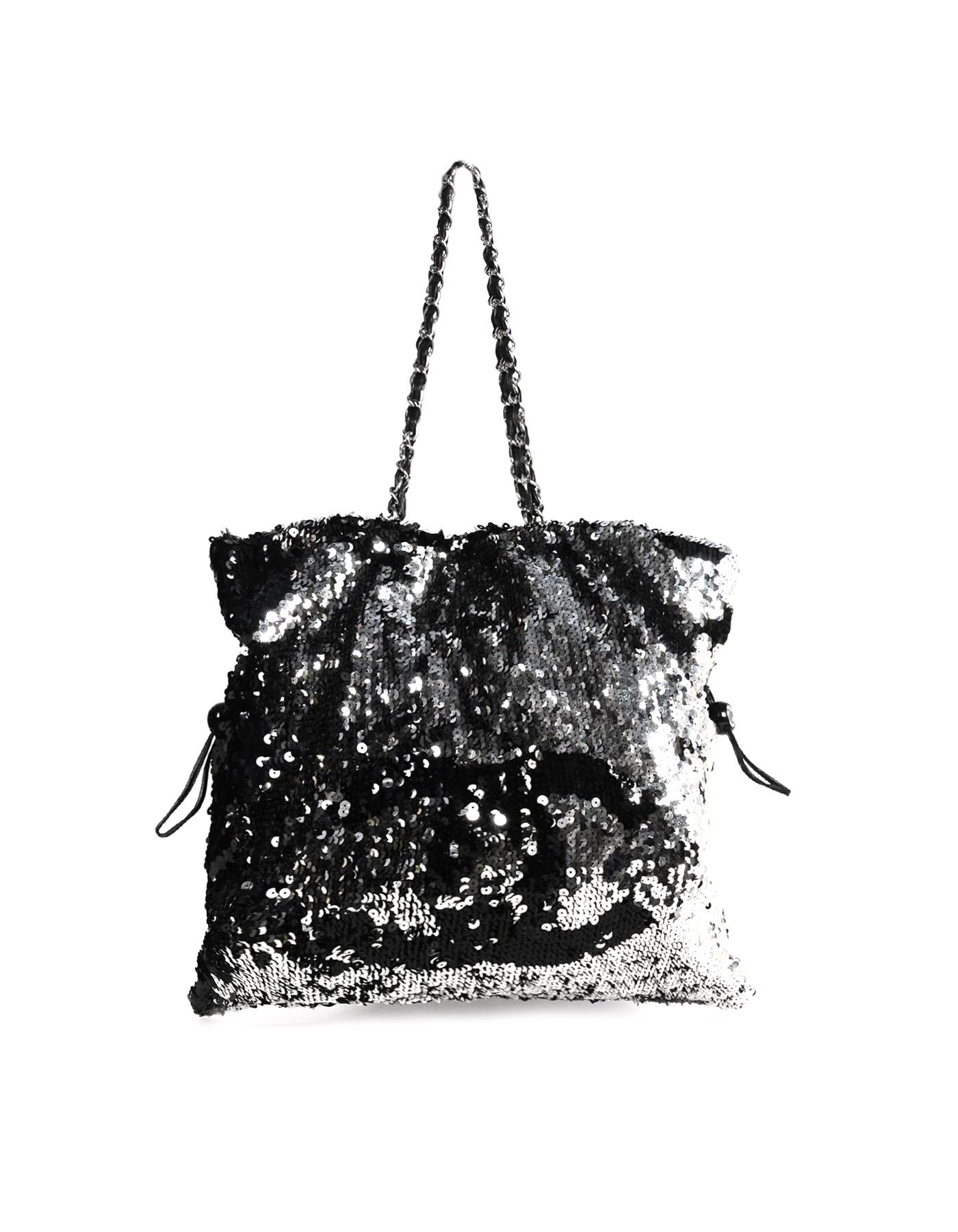 Women's Chanel Black/Silver Sequin Summer Night Drawstring Tote Bag rt. $4, 650